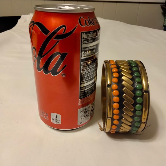 Iris Apfel & Bajalia Black, Orange & Green & Brass Bangle Bracelet - Picture 3 of 10
